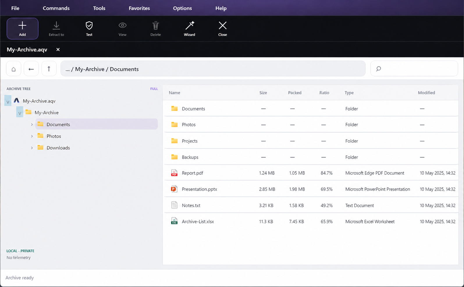 Arqhiv showing a generic archive with documents and folders